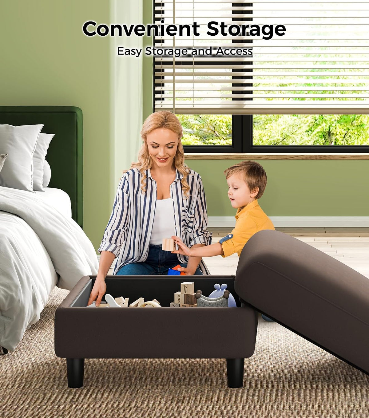 Welzona Teddy Storage Ottoman, 26.7' Large Living Room Ottoman, All-Wood Coffee Table Ottomans with Storage, Tool-Free Setup Ottomans for Living Room, Bench for Bedroom, Brown