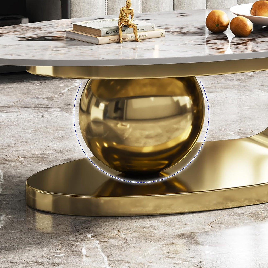 49.2' Oval Coffee Table, Modern Faux Marble Coffee Tables with Sintered Stone Tabletop, Large Unique Tea Table with Stainless Steel Base for Living Room, Office, Bedroom