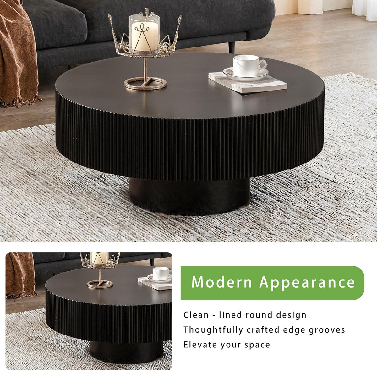 Modern Round Coffee Table for Living Room Drum Round Fluted Coffee Table Circular Pedestal Center Table for Office Patio (Black Thick)
