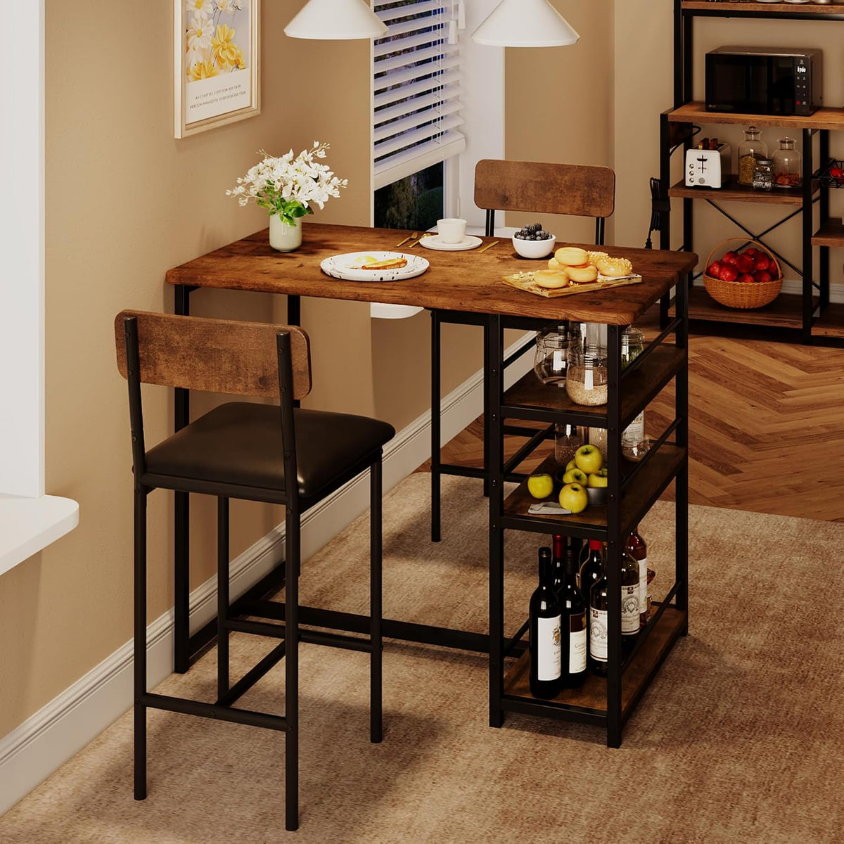 Takywep Compact Dining Table Set for 2 with Storage Shelves, Counter Height Bar Table with Upholstered Stools, Small Kitchen Table with Round Corner and Footrest, Perfect for Small Area, Brown