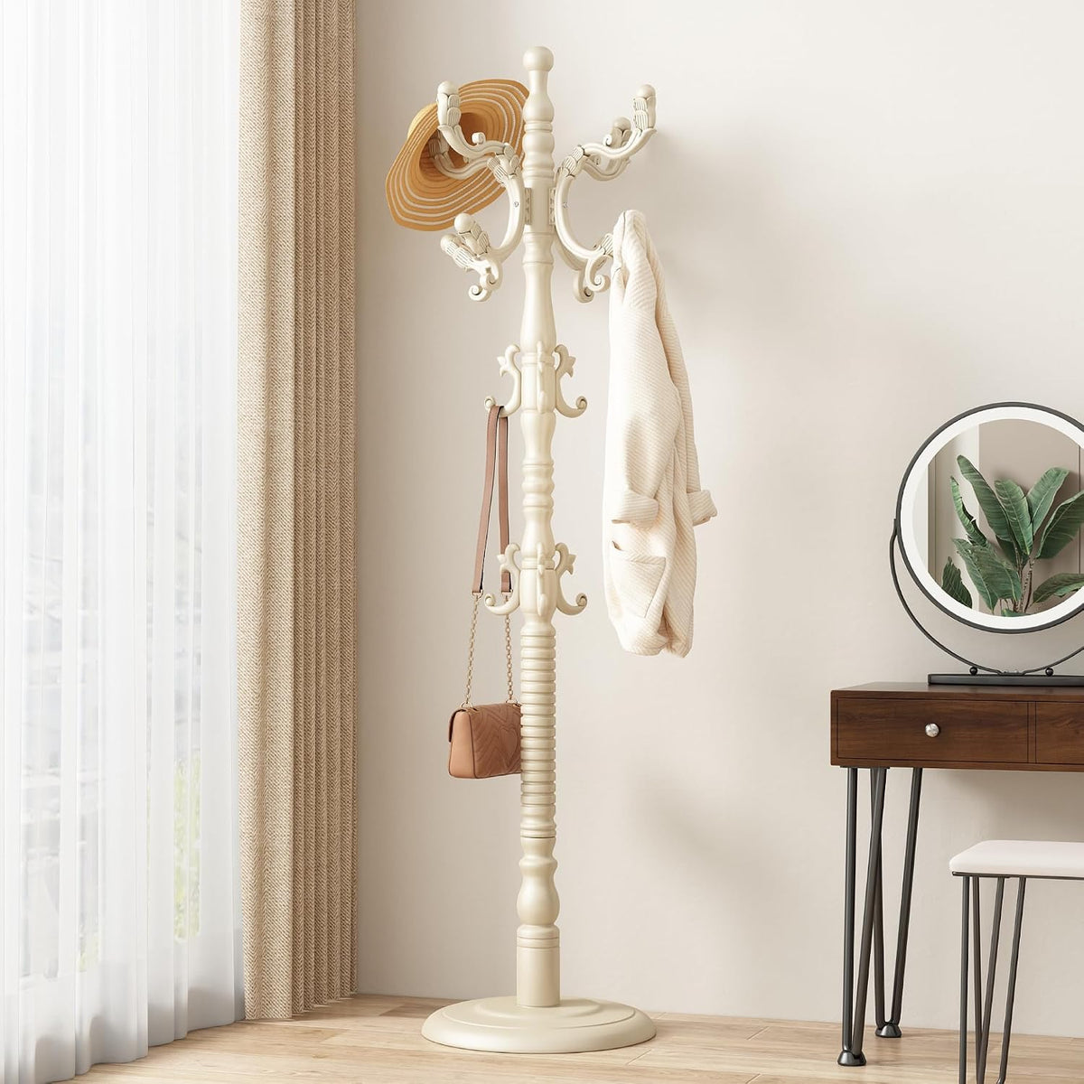 Wood Coat Rack Stand Wooden Coat Rack Freestanding Hall Coat Tree with Sturdy Round Base and 14 Hooks for Hats Bags Purses Vintage Coat Tree Hanger Stand for Entryway Hallway Bedroom, White