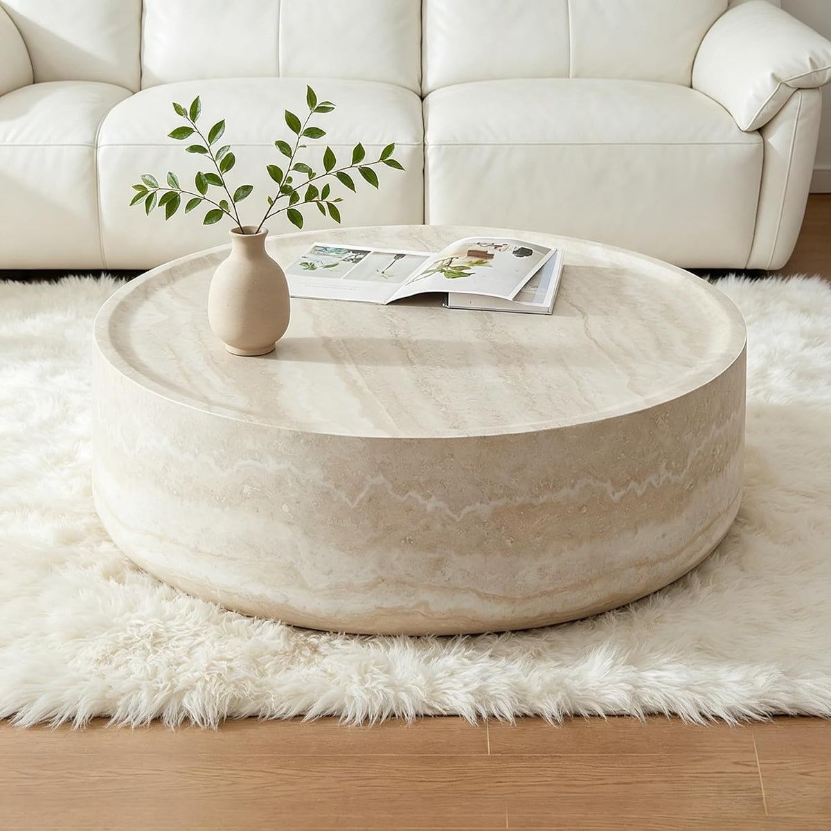 35 inch Round Coffee Table Marble Faux Pattern for Living Room Small Modern Stone Low Coffee Tables Drum Center Apartment No Assembly Required