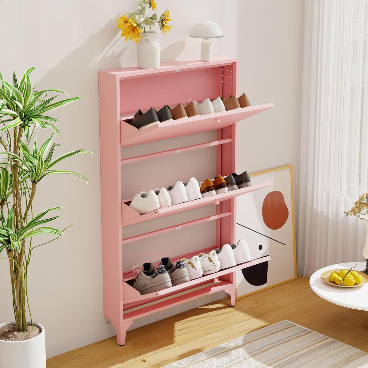 Freestanding Shoe Cabinet with 3 Flip Drawers-Metal Narrow Shoe Rack for Entryway,Hallway,Living Room-Hidden Metal Shoe Cabinet (3 Door Width 27.56, Pink)