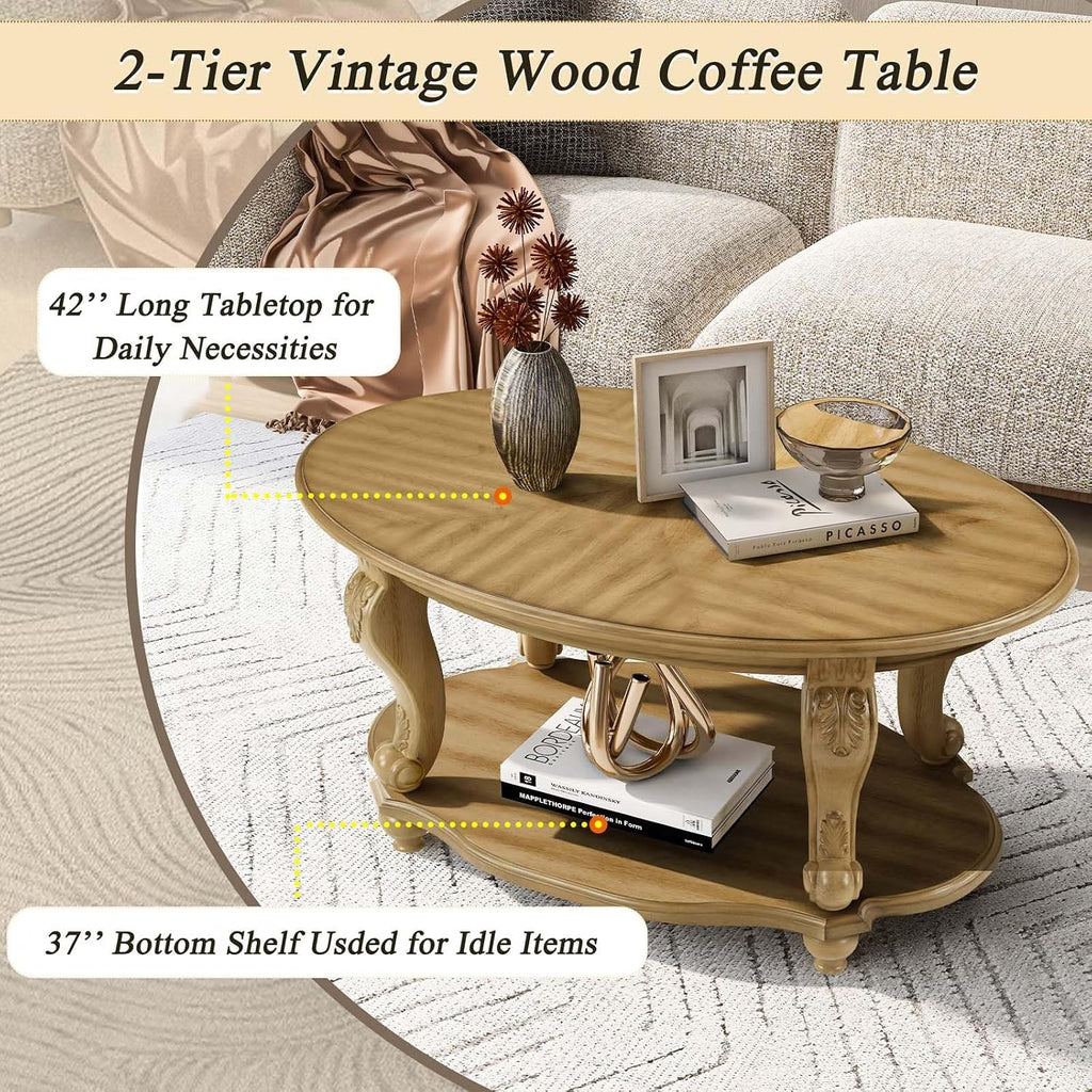 Oval Wood Coffee Table for Living Room, 2-Tier Solid Wood Coffee Table with Open Storage Shelf, Traditional Retro Center Table for Office (42' W x 26' D x 20.5' H, Natural)