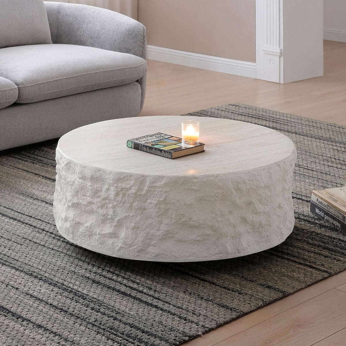 KEVINSPACE Round Coffee Table Modern Stone Coffeetable for Living Room Concrete Beige Circle Coffee Tables Drum ShapedCoffeeTable Fiberglass CenterTable Office, Fully Assembled, 35.5' W x14 H
