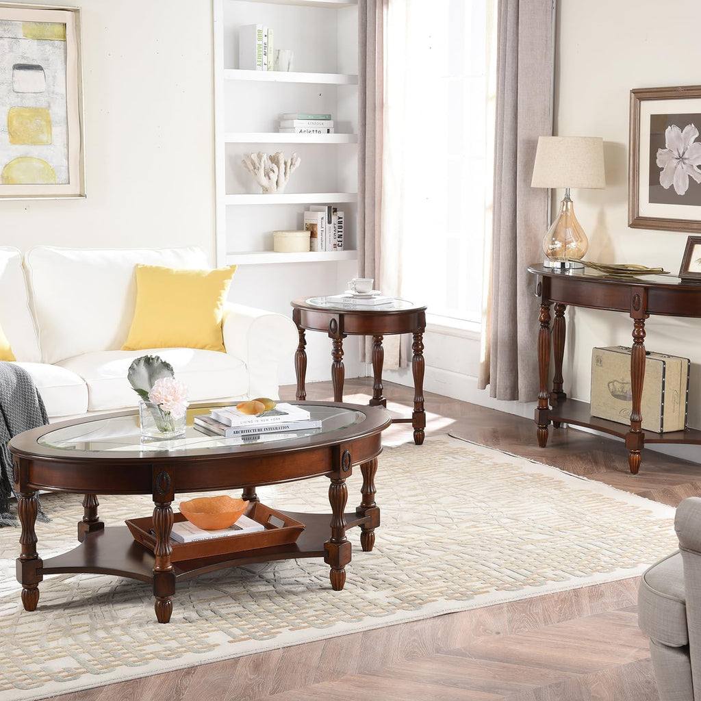 Traditional Solid Wood Oval Coffee Table, 45' x 18' Cherry Walnut Finish with Tempered Glass Top & Vintage Carved Edge, Elegant Center Table for Living Room