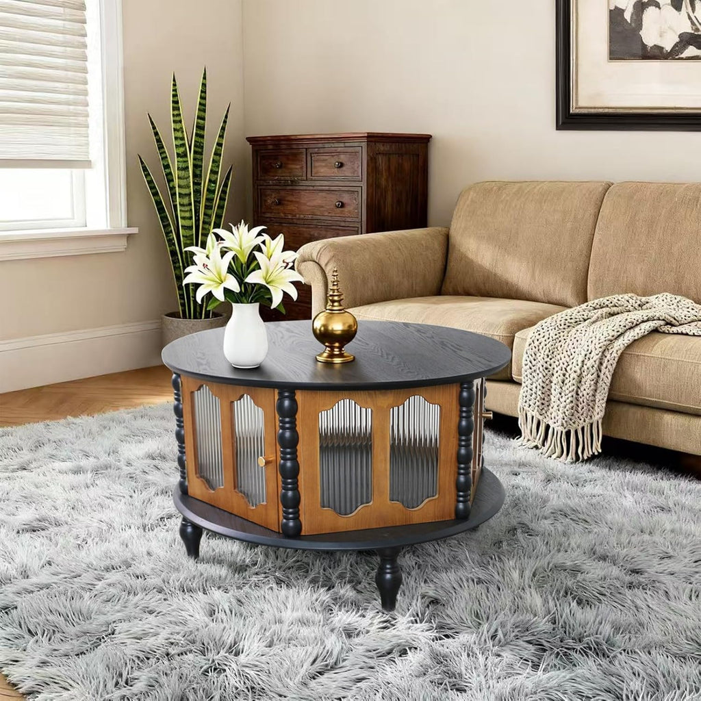 Coffee Table for Living Room Modern 31.5' Round Coffee Tables Center Storage Mid Century Wooden Circle Accent Tea Wood Home Furniture Apartment Small Spaces Black Tabletop + Walnut