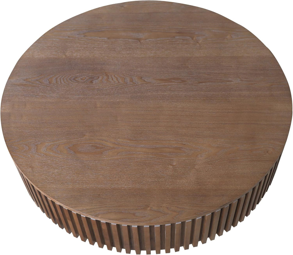 39' Round Coffee Table with Hidden Storage Compartment, Modern Handcraft Fluted Drum Coffee Table, Wooden Circle Center Table Cocktail Tea Table with Sturdy Pedestal for Living Room, Walnut