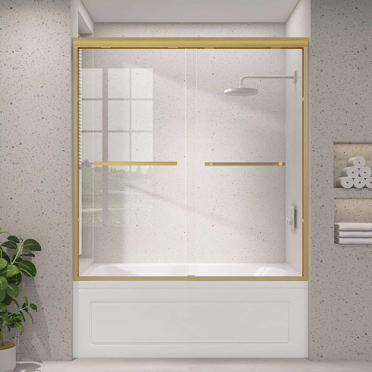 Shower Tub Door 56-60 in. W x 62 in. H Double Sliding Semi-Frameless Bathroom Bathtub Shower Doors 1/4 inch Clear Tempered Glass Tub Door for Walk-in Shower Brushed Gold Harewares