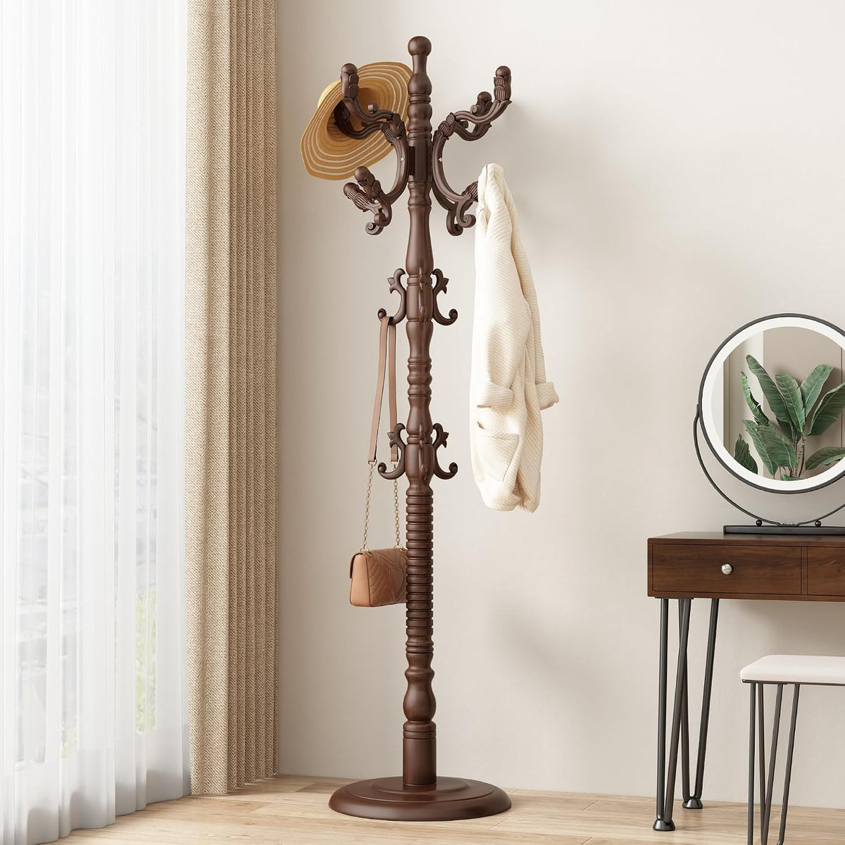 Wood Coat Rack Stand Wooden Coat Rack Freestanding Hall Coat Tree with Sturdy Round Base and 14 Hooks for Hats Bags Purses Vintage Coat Tree Hanger Stand for Entryway Hallway Bedroom, Brown