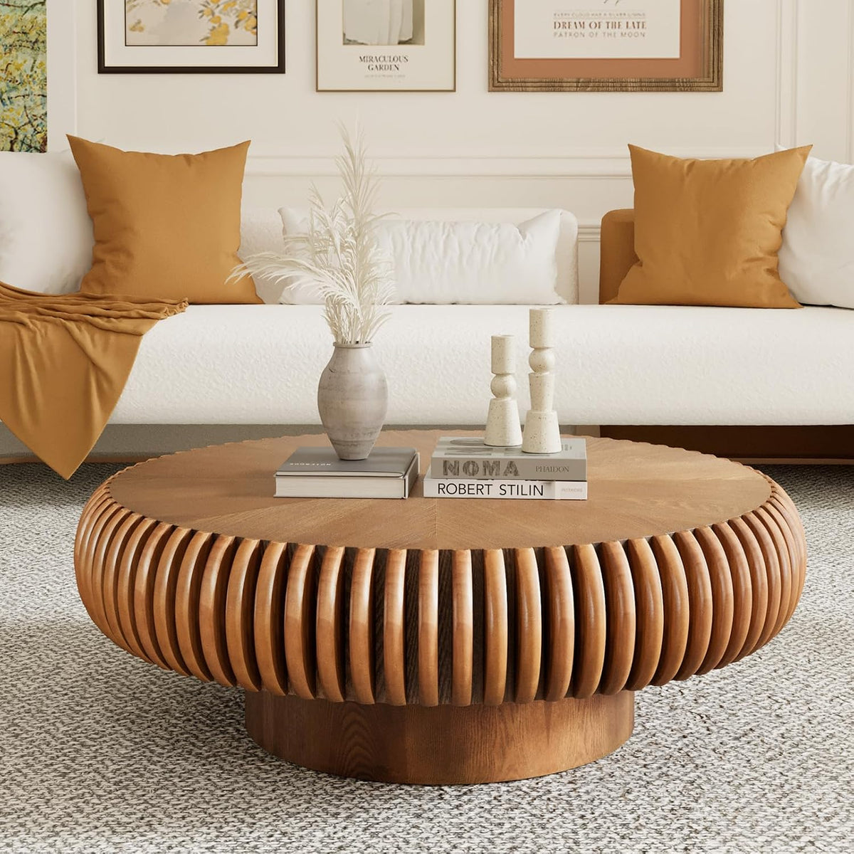 Round Handcraft Fluted Coffee Table with Sturdy Stable Pedestal Modern Luxury Drum Center Table Circle Accent Base Center Tables for Living Room Apartment (P)