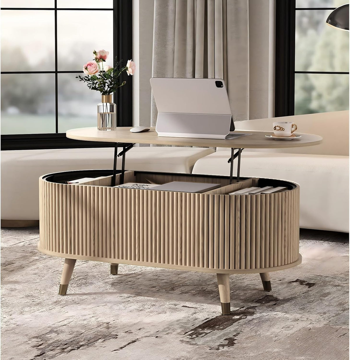 Jiansu furni Lift Top Coffee Table with Storage,42.5' Oval Coffee Table with Hidden Compartment & Solid Wood Legs,Modern Fluted Center Table for Living Room,Home Office,Oak