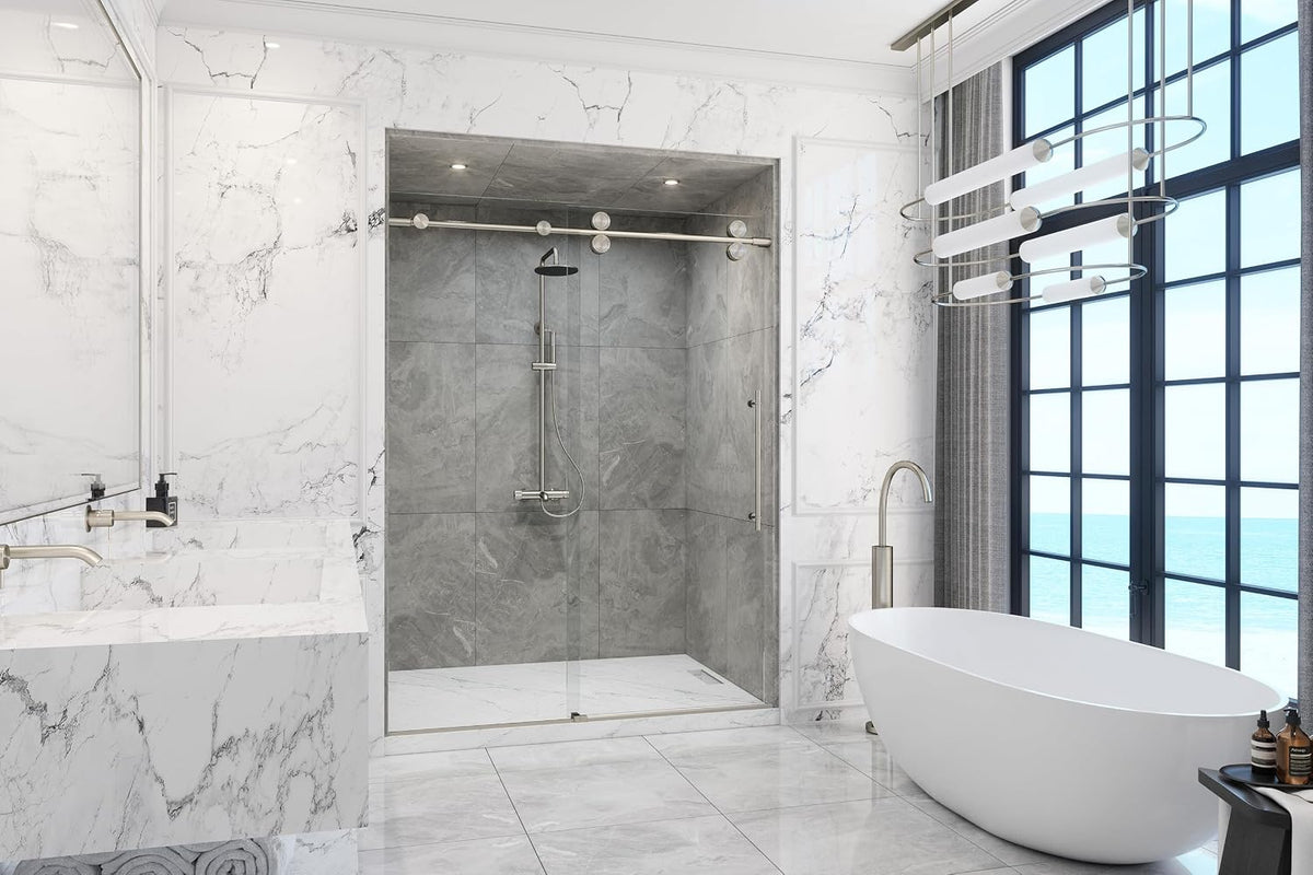 Montage 57.25-59' W x 78' H Euroglide Frameless Shower Door with 3/8' Clear Tempered Glass (Brushed Stainless)
