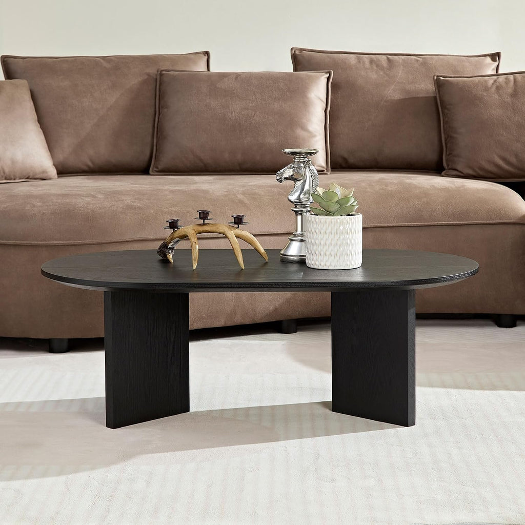 39.37 Inch Modern Coffee Table MDF Oval Coffee Table for Living Room Small Coffee Table with Sturdy Pedestal for Apartment Bedroom Black