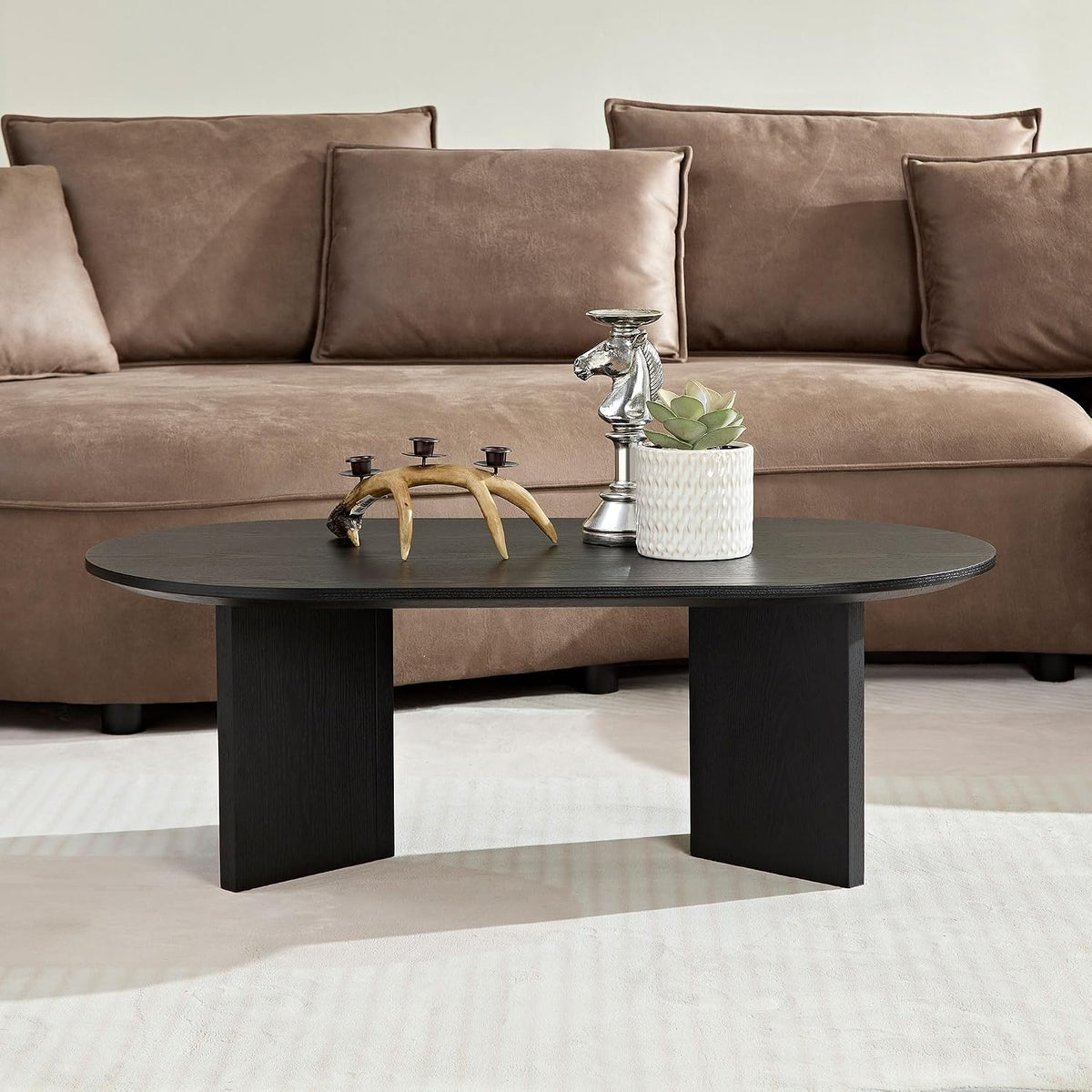 39.37 Inch Modern Coffee Table MDF Oval Coffee Table for Living Room Small Coffee Table with Sturdy Pedestal for Apartment Bedroom Black