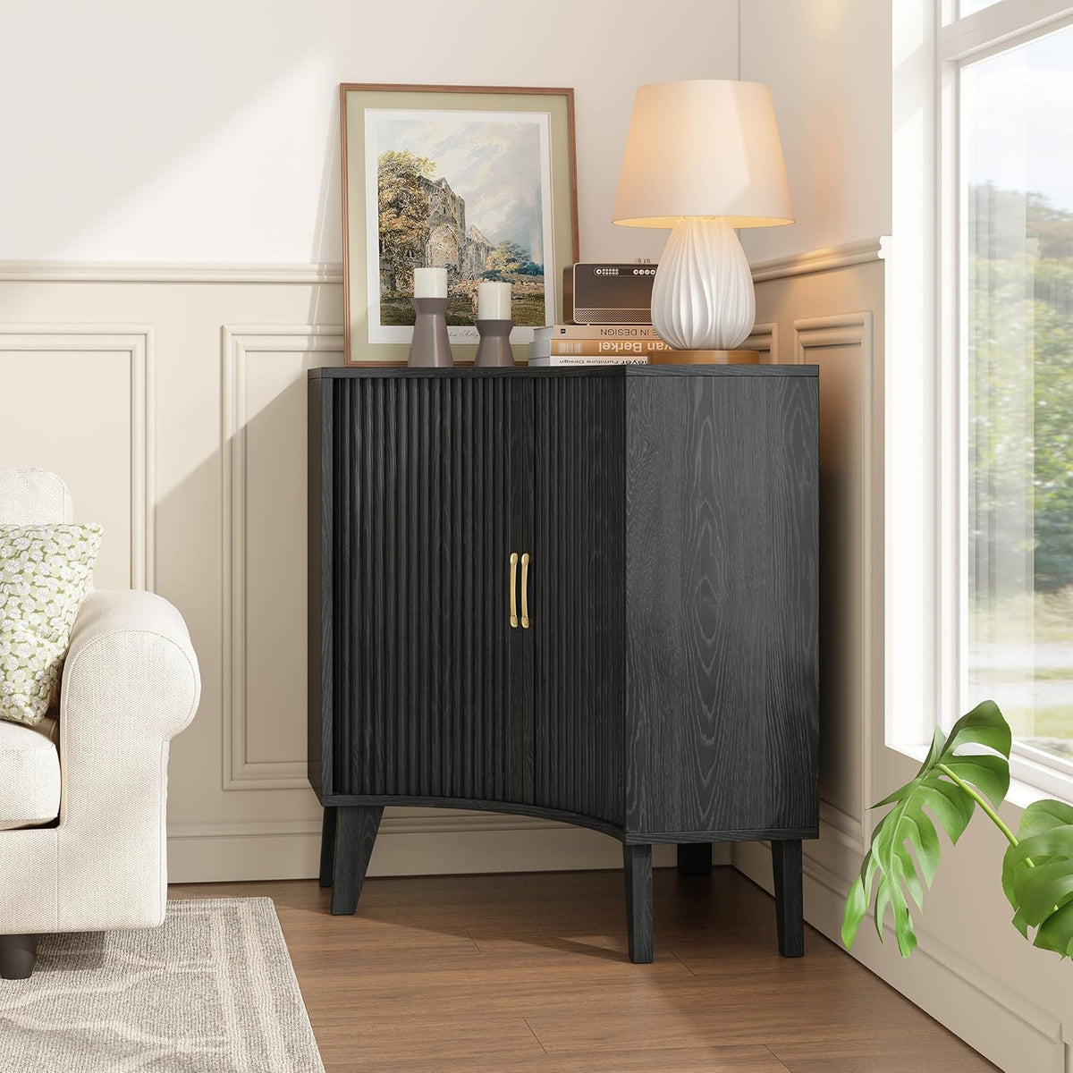 Fluted Corner Cabinet, Small Corner Floor Cabinet with 2-Sliding Doors and Adjustable Shelves, Freestanding Narrow Organizer for Small Space,Living Room, Dining RoomBathroom.Black