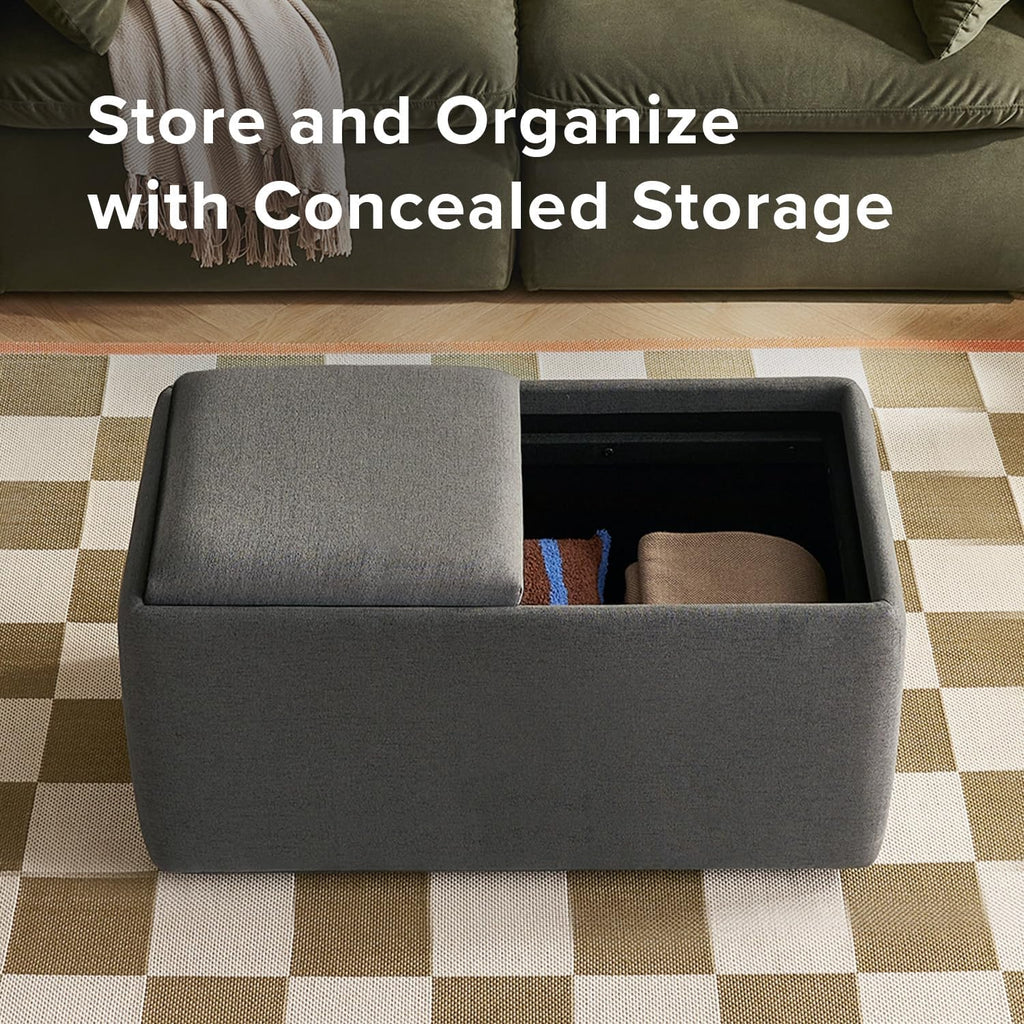 mopio Levi Storage Bench with Reversible Tray, Modern Storage Coffee Table, Bedroom Bench, Rectangular Cube Upholstered Coffee Table Ottoman for Living Room, Bedroom, Entryway (Fabric, Dark Gray)