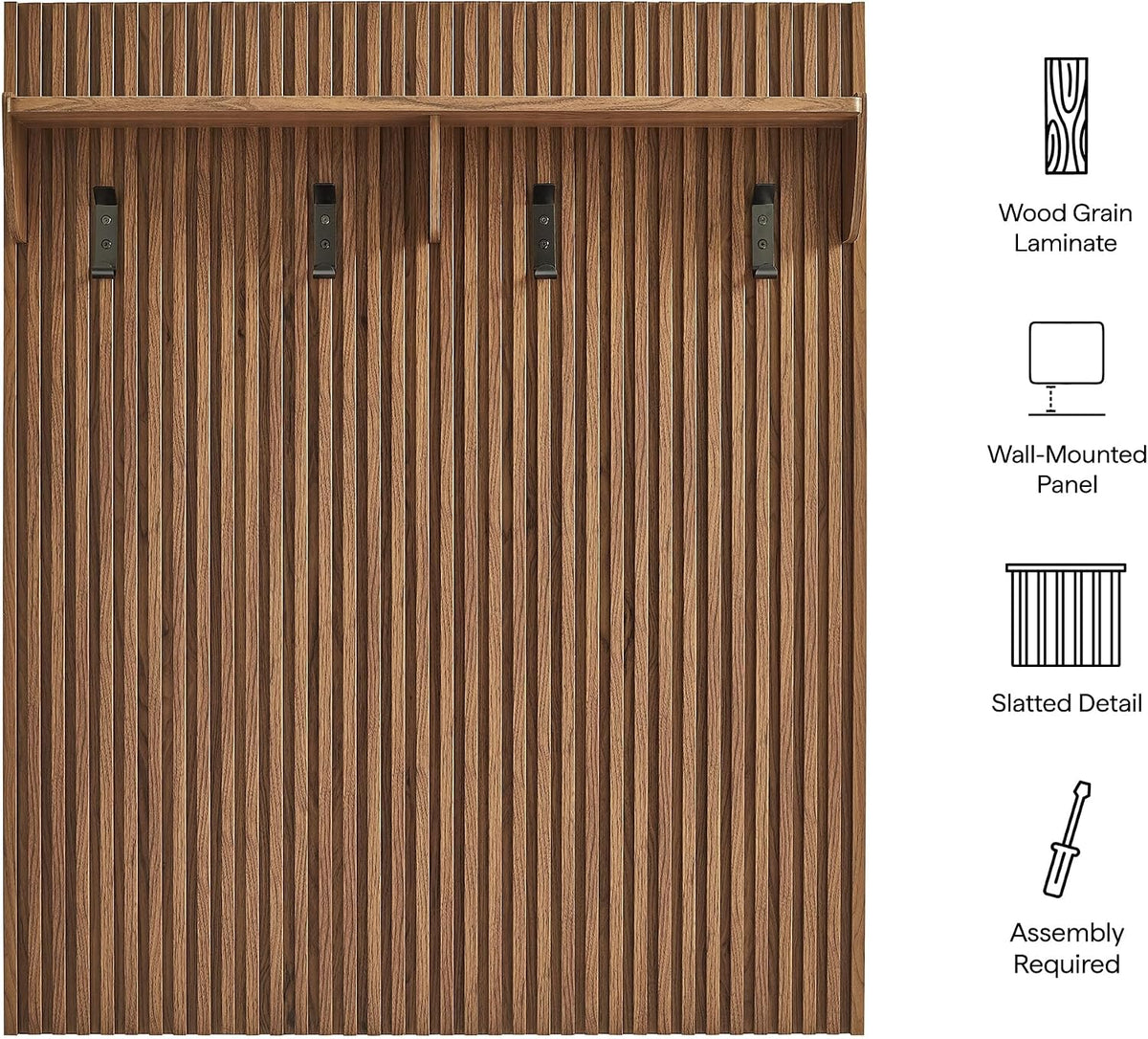 Modway Render Modern Fluted Wood Coat Rack Panel in Walnut with Shelf and Hooks – Wall-Mounted Entryway Organizer for Hallway, Mudroom, or Foyer