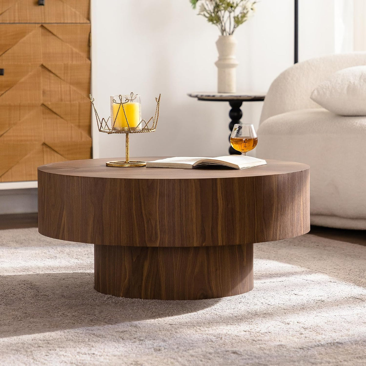 KEVINSPACE Round Wood Coffee Table, Fluted CoffeeTable Handcraft Drum TeaTable CenterTable for Living Room, Modern Wooden CocktailTable for Small Space, Easy Assembly 30.51' Walnut