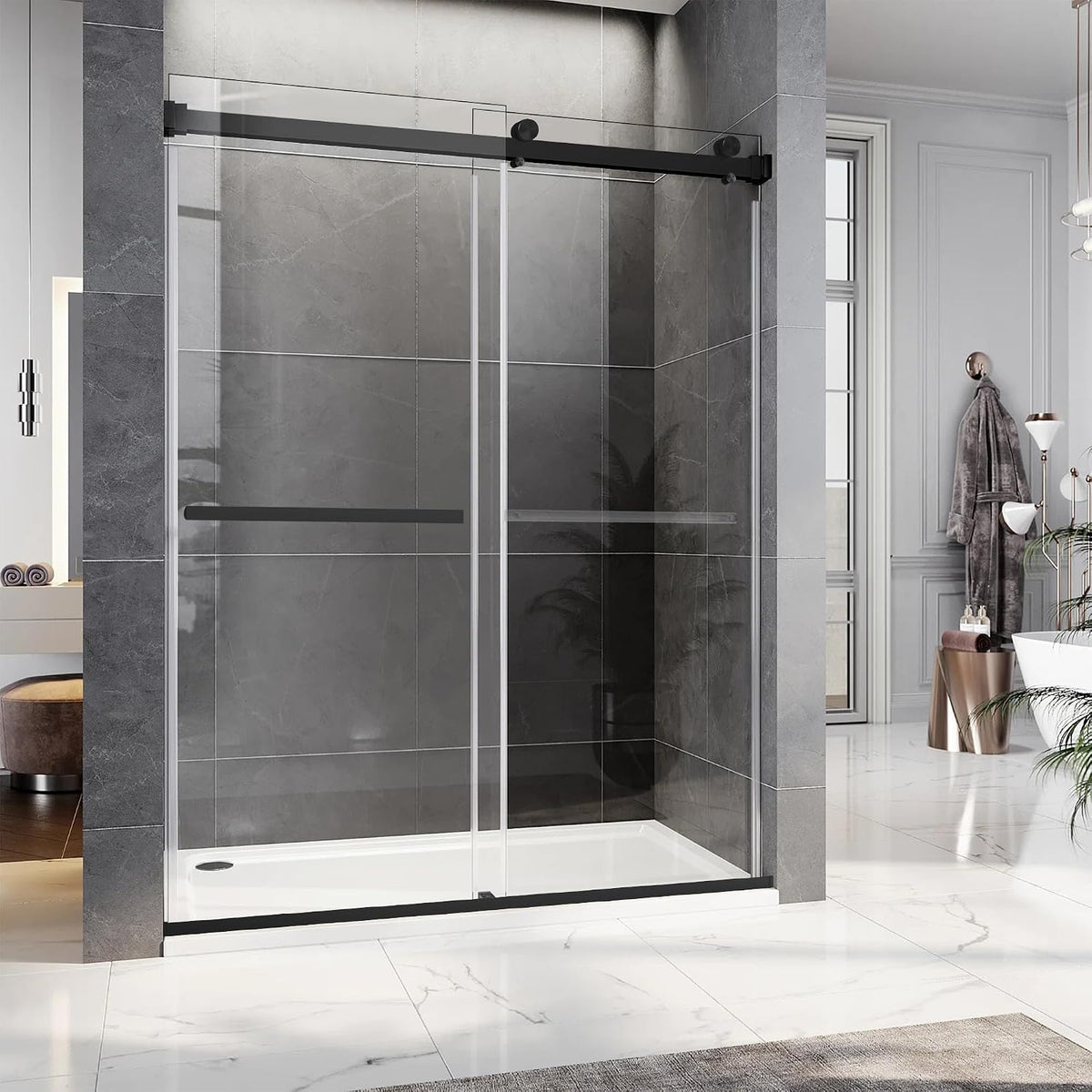 Frameless Sliding Shower Door, 56-60' W x 76' H Glass Shower Door with 5/16' (8mm) Clear Tempered Safety Glass, Stainless Steel Hardware, Double Sliding Shower Door, Matte Black