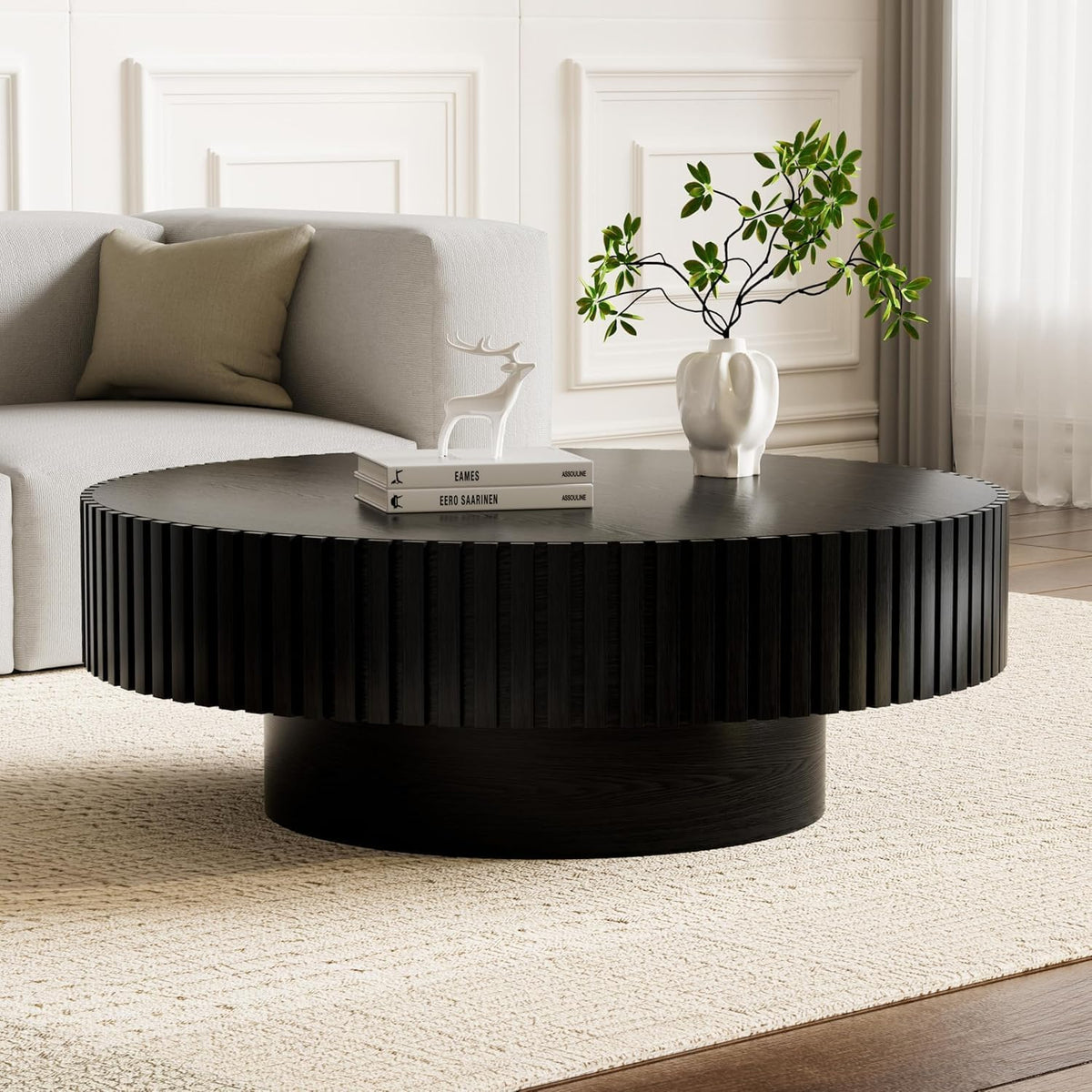 Round Drum Coffee Table 31.5'' Handcraft Fluted Coffee Table Modern Unique Circle Accent Center Table for Living Room with Sturdy Pedestal Gear Easy Assembly for Small Space,31' Round Black