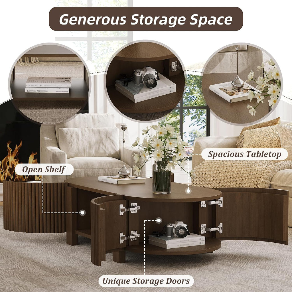 Oval Coffee Table with Storage, Fluted Coffee Table with Shelves and 2 Open Doors, Center Table for Living Room, Bedroom, Apartment or Office, Walnut