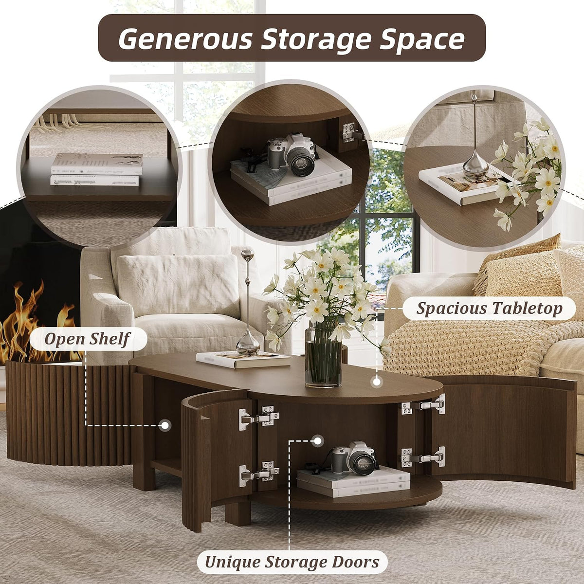 Oval Coffee Table with Storage, Fluted Coffee Table with Shelves and 2 Open Doors, Center Table for Living Room, Bedroom, Apartment or Office, Walnut