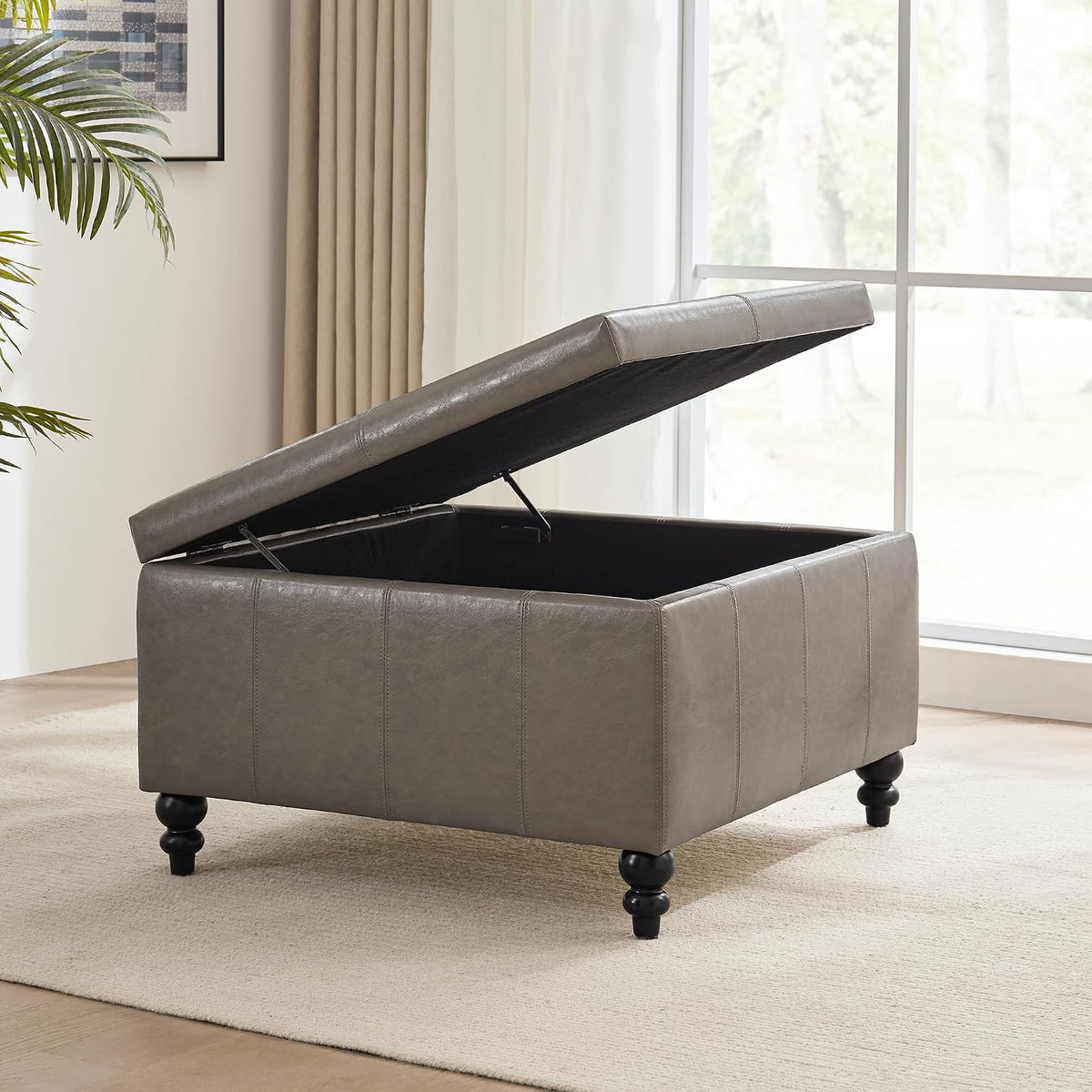 HUIMO Square Leather Storage Ottoman,Ottoman Coffee Table with Storage for Living Room (Taupe)