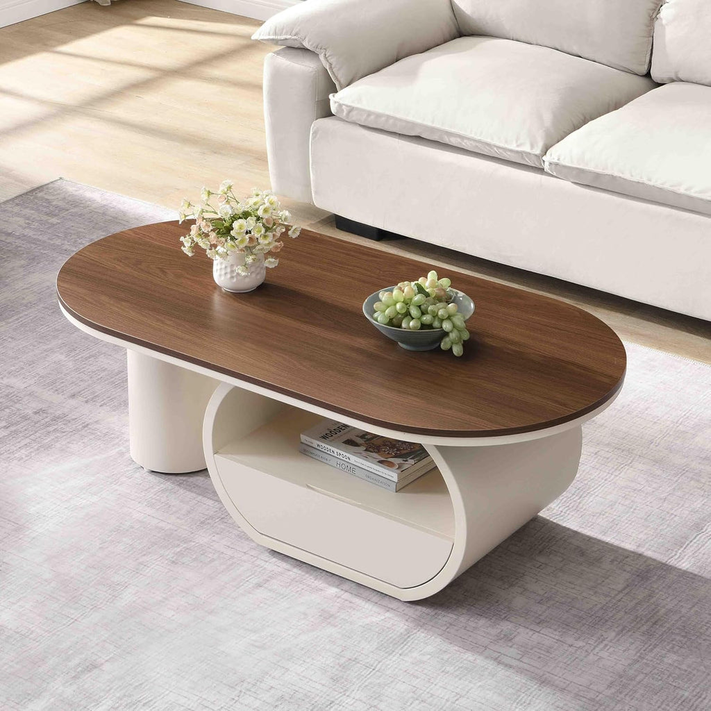 Coffee Table of 2,Oval Central Table with Wood/Marble Grain Top and Drawer,Modern Tea Table for Living Room Bedroom