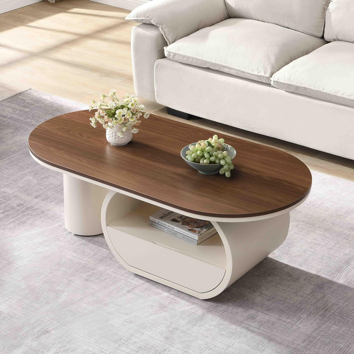 Coffee Table of 2,Oval Central Table with Wood/Marble Grain Top and Drawer,Modern Tea Table for Living Room Bedroom