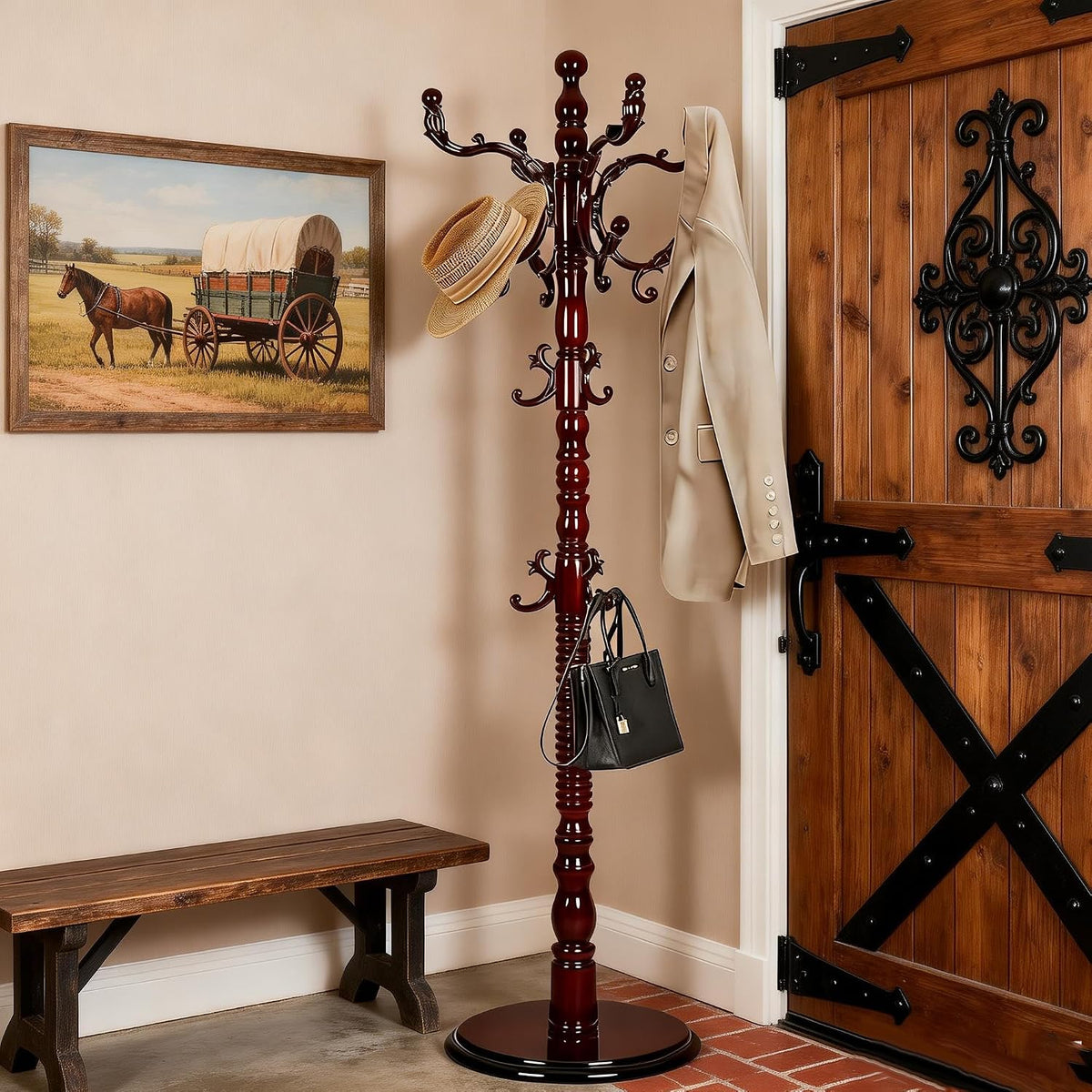 73'Vintage Wooden Coat Rack Freestanding,With 14 Hooks and Sturdy Round Base.Sturdy and Durable Standing Coat Racks，Adjustable Wooden Freestanding Coat Rack for Offices, Bedrooms (Mahogany)