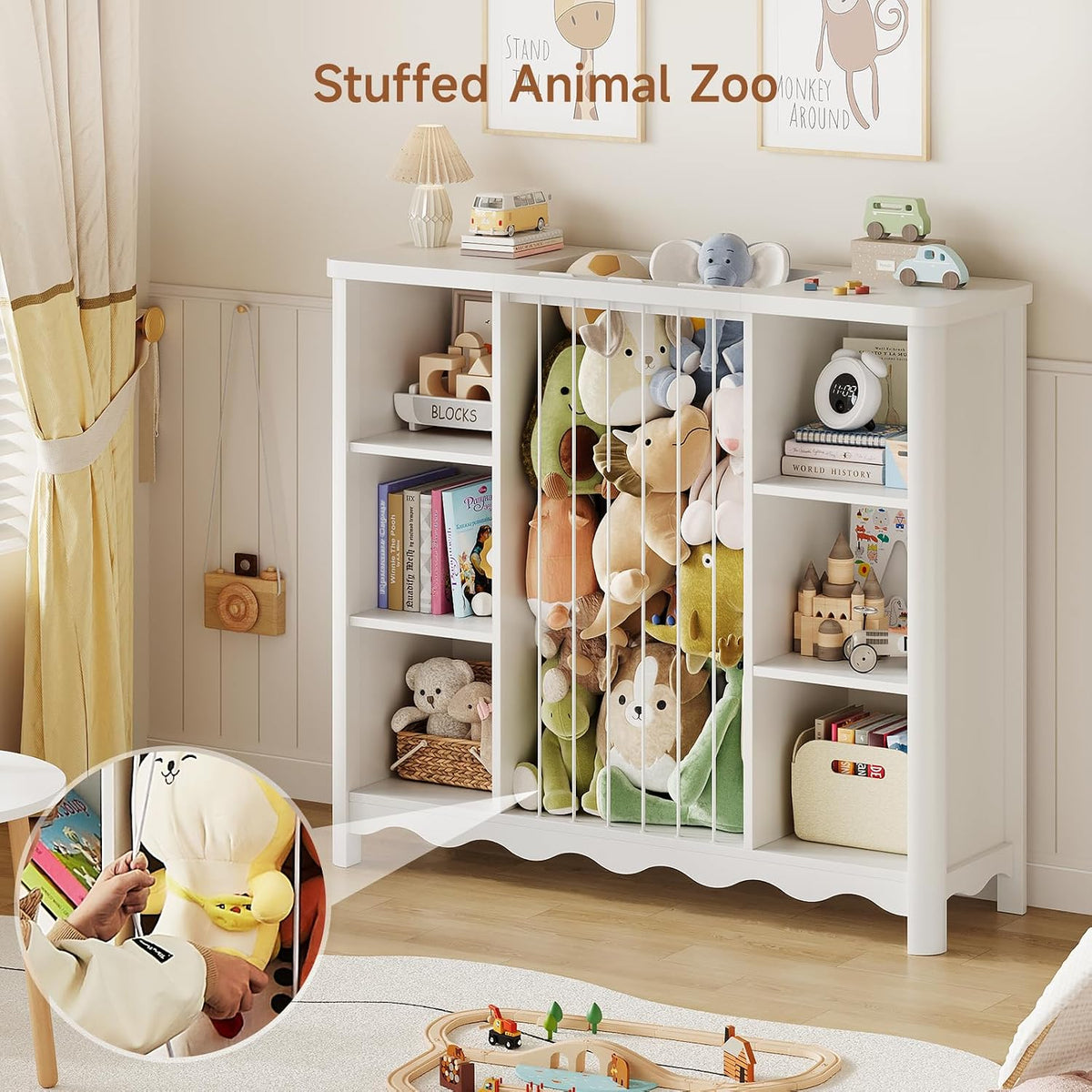 ONBRILL Wooden Stuffed Animal Storage, 6 Cube Toy Storage Organizer w/Wave Design, Plush Toy Organizers and Storage w/Elastic Band Thick Board, Kids Bookshelf for Kids Room Nursery Playroom (White)