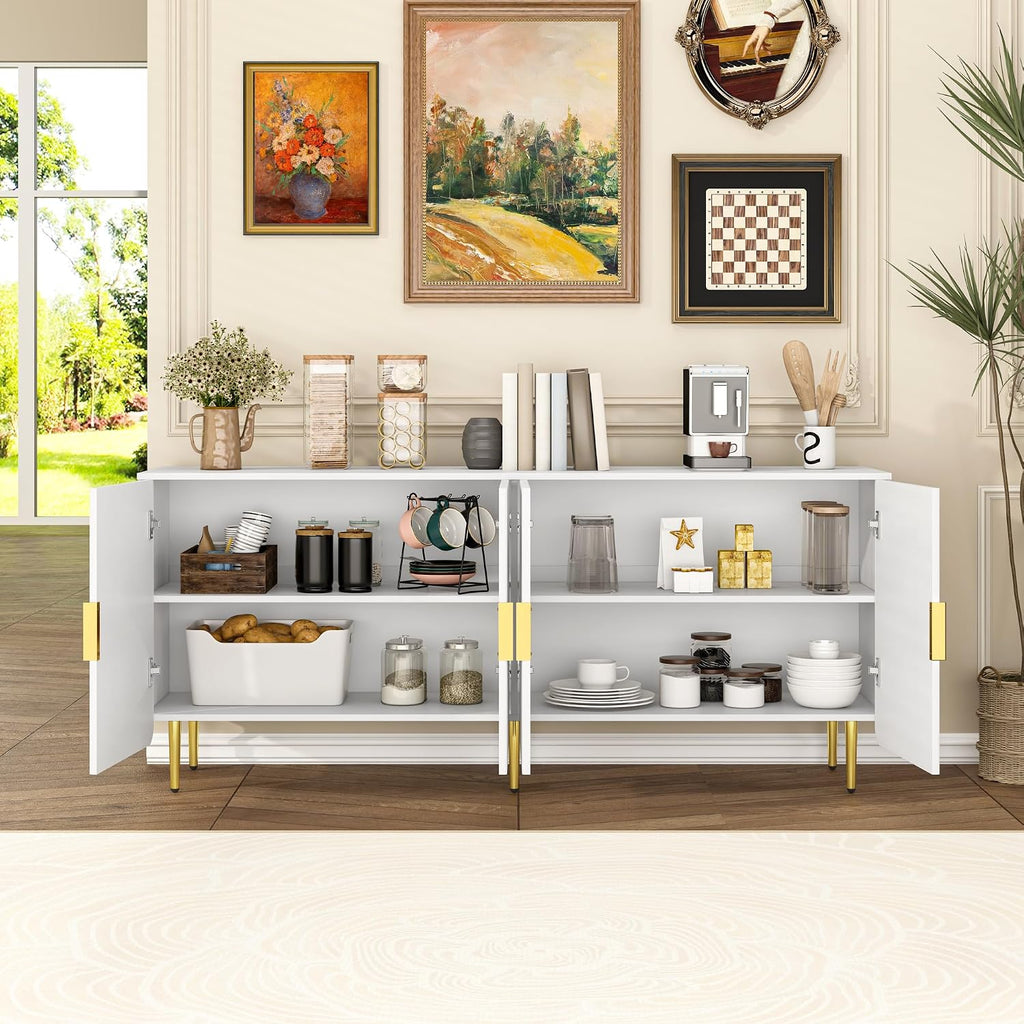 65' Fluted Sideboard Buffet Cabinet with Storage, Console Cabinet with 4 Doors & Adjustable Shelves, Modern Buffet Table for Kitchen Dining Living Room Hallway‌ Entryway, White