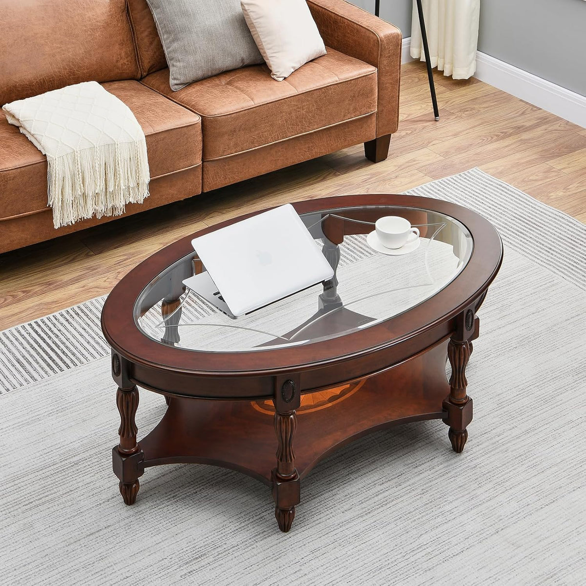 Traditional Solid Wood Oval Coffee Table, 45' x 18' Cherry Walnut Finish with Tempered Glass Top & Vintage Carved Edge, Elegant Center Table for Living Room
