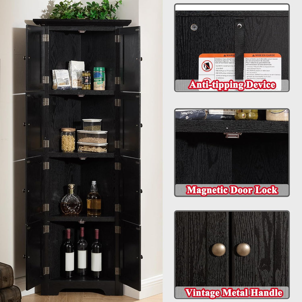 72' H Farmhouse Corner Storage Cabinet with 8 Doors & 4 Shelves, 4 Tier Kitchen Corner Pantry Cabinet Wooden Organizer Case Bookshelf, Home Space Saver Cabinet for Kitchen,Living Room(Black)