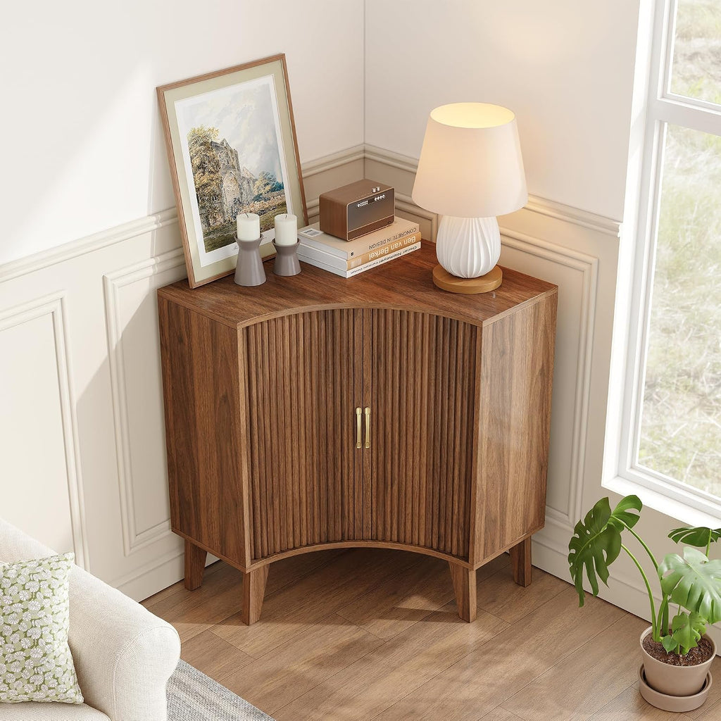 Fluted Corner Cabinet, Small Corner Floor Cabinet with 2-Sliding Doors and Adjustable Shelves, Freestanding Narrow Organizer for Small Space,Living Room, Dining RoomBathroom.Walnut