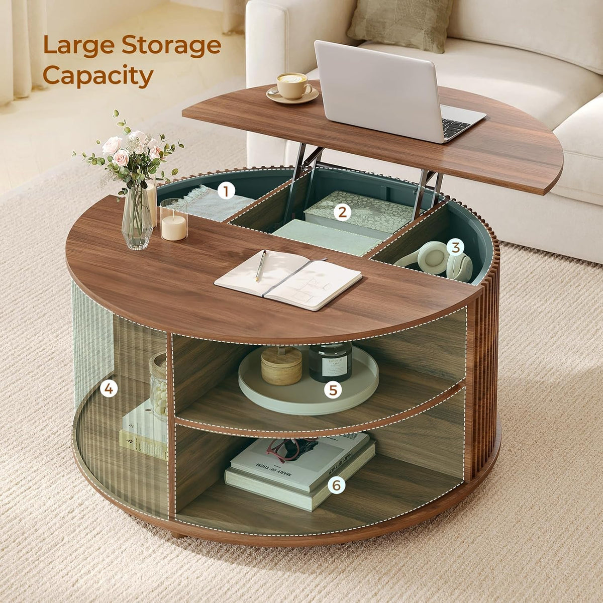 Round Lift Top Coffee Table, 34.6' Modern Coffee Table with 180° Curved Sliding Door, Fluted Accent Coffee Tables with Hidden Storage and Open Shelves, for Living Room, Office, Walnut