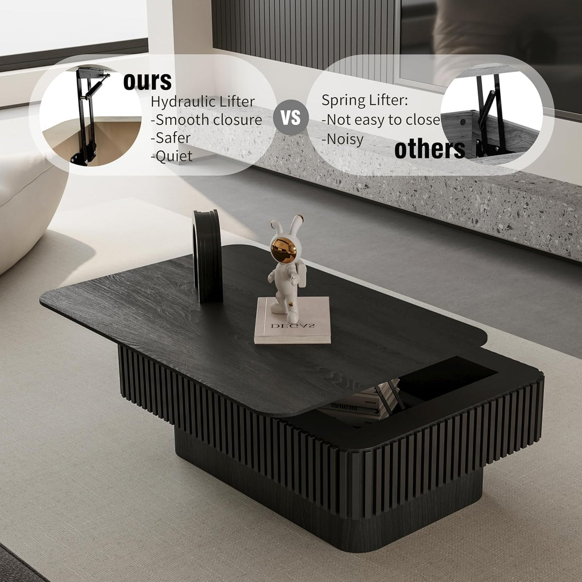 Lift Top Coffee Table with Storage, 38.6' Farmhouse Coffee Table with Lift Top, Modern Drum Wooden Fluted Coffee Center Tea Tables with Hidden Storage Compartment for Living Room Apartment,Black