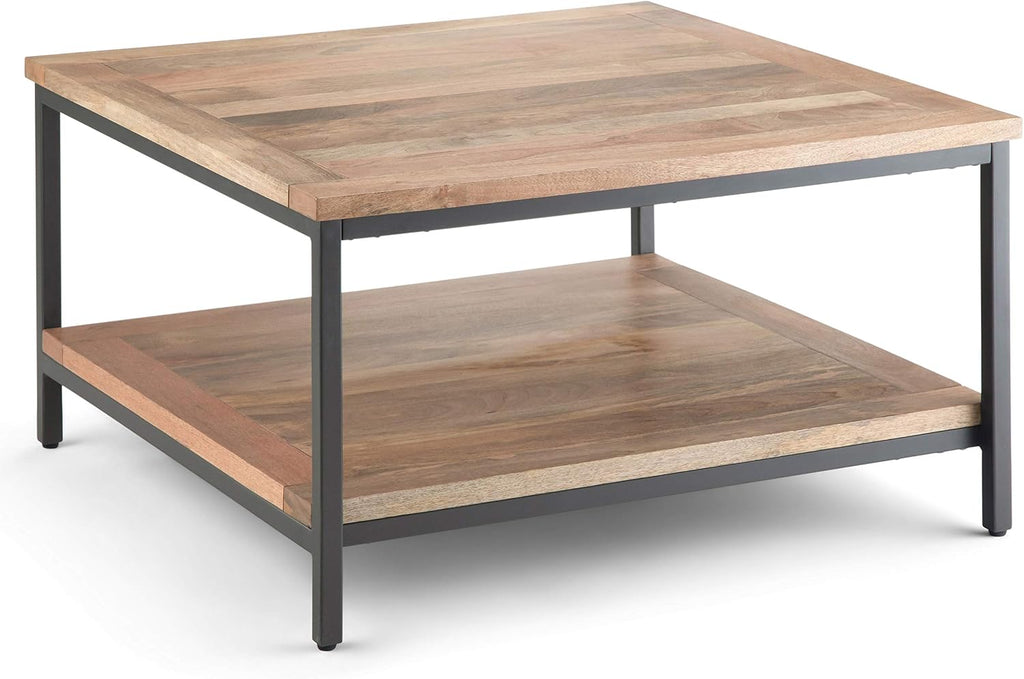 SIMPLIHOME Skyler Square Coffee Table - 34 inch Wide Solid Mango Wood and Metal Living Room Table in Natural, Industrial Center Table for Family Room or Lounge with Open Shelf and Black Frame