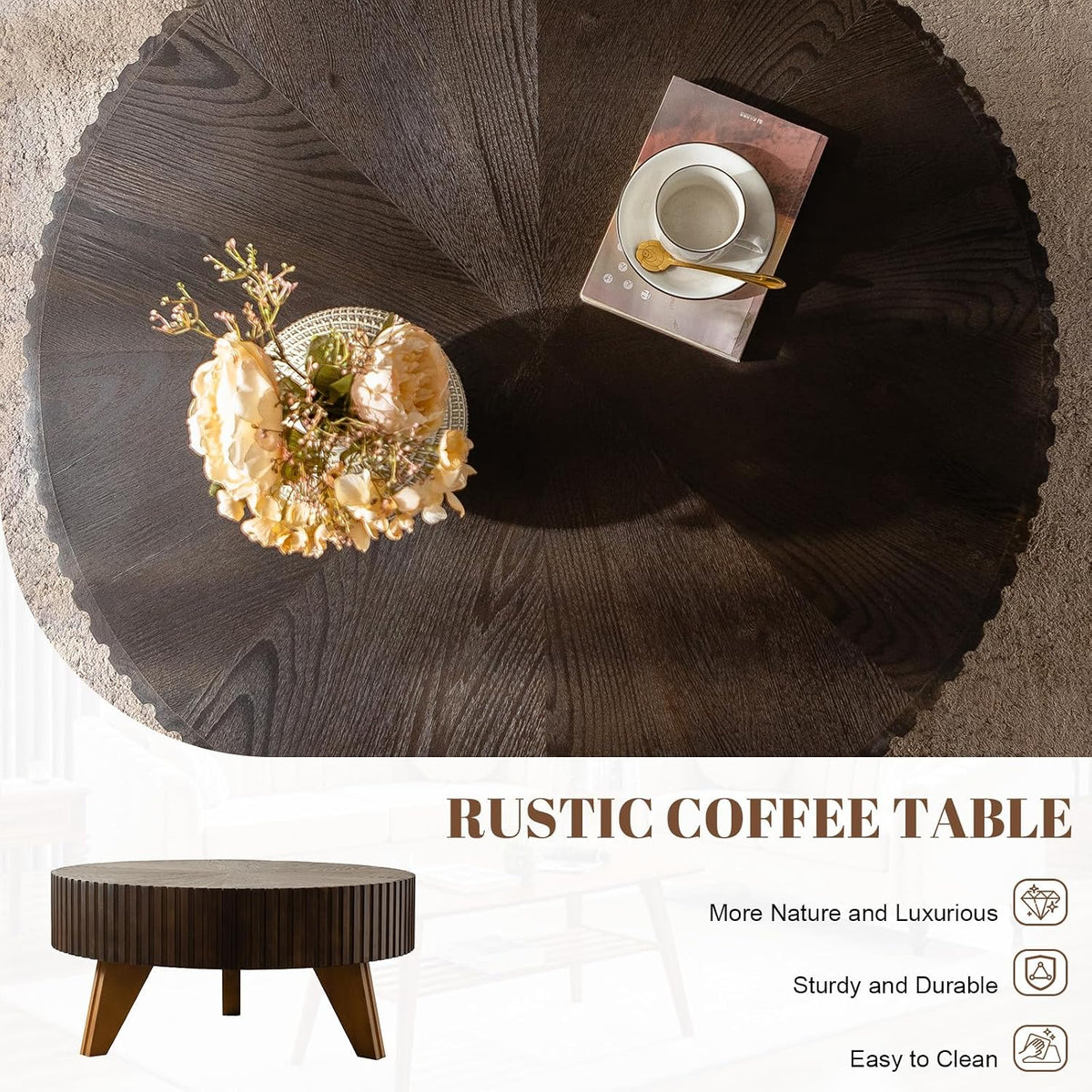 31.5'' Round Coffee Table Wood, Small Circle Coffee Table for Living Room Unique Fluted Center Table Mid Century Modern Tea Table with Solid Wood Veneer and Sturdy 3 Legs, Easy Assembly, Brown
