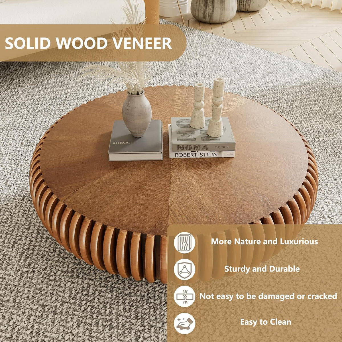 Round Handcraft Fluted Coffee Table with Sturdy Stable Pedestal Modern Luxury Drum Center Table Circle Accent Base Center Tables for Living Room Apartment (P)