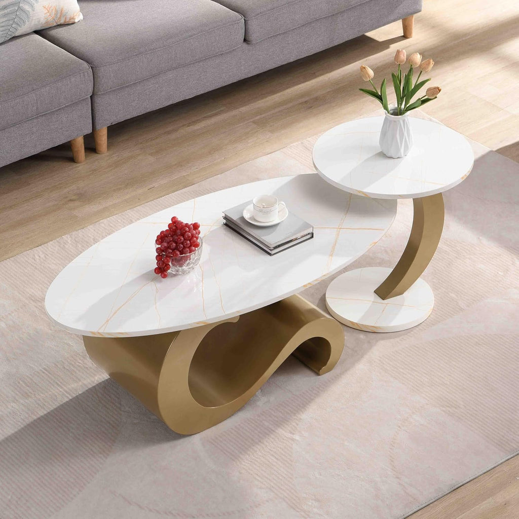 Faux Marble Nesting Coffee Table Set of 2,Modern Coffee Table Set with End Table,Oval Living Room Table with Gold Metal Base,White Marble Grain Top & 1 Drawer,Stack Tea Table Set