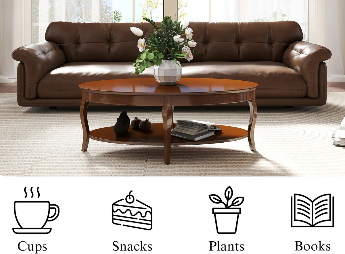 47' Oval Coffee Table 2-Tier Coffee Table with Storage Shelf Solid Wooden Center Table for Living Room Bedroom Office, Walnut