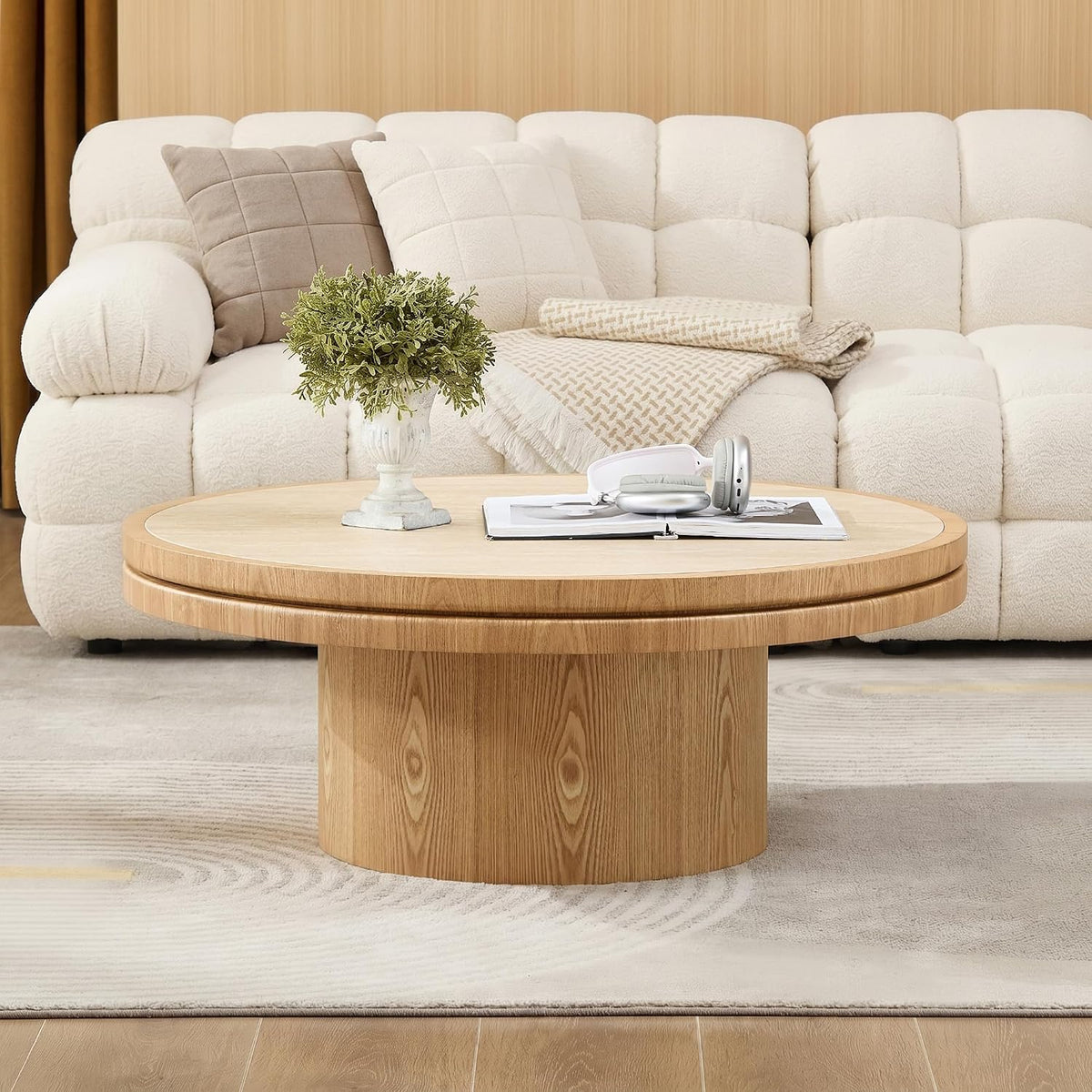 LKTART 35.43 Inch Round Coffee Table with Travertine Texture Sintered Stone Top, Mid-Century Modern Pedestal Center Table, Wood Coffee Tables for Living Room Bedroom Apartment, Easy Assembly, Natural
