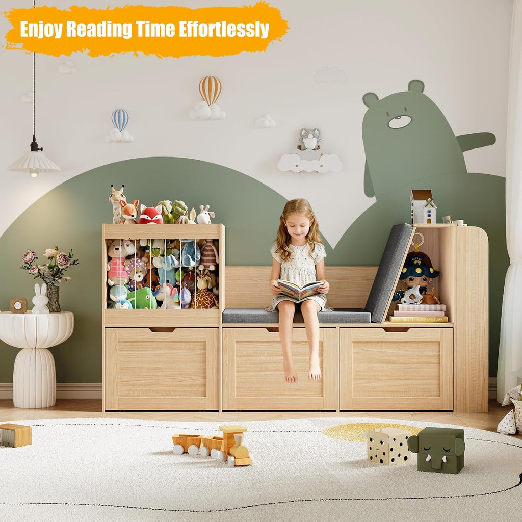 66.9' Kids Reading Nook, Toy Storage Organizer with Stuffed Animal Storage, Bench and Removable Cushions, Wooden Toddler Bookshelf with 3 Movable Drawers for Nursery, Playroom (Oak)