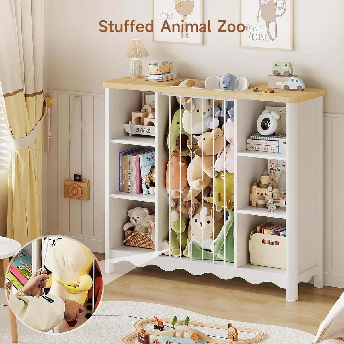 Wooden Stuffed Animal Storage, 6 Cube Toy Storage Organizer w/Wave Design, Plush Toy Organizers and Storage w/Elastic Band Thick Board, Kids Bookshelf for Kids Room Nursery Playroom (White and Nature)