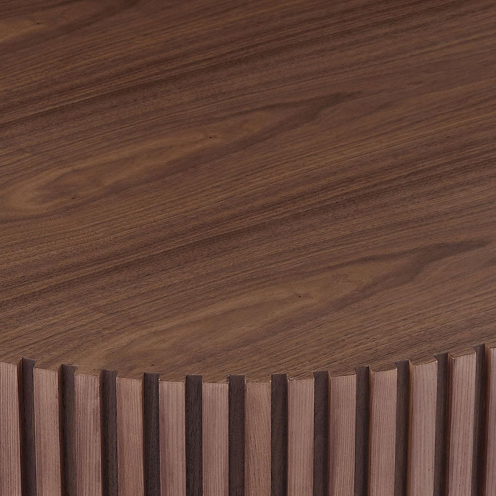 JUSTONE 35.43' Round Coffee Table, Farmhouse Wood Coffee Table for Living Room,Circle Drum Coffee Table with Handcrafted Relief for Apartment,ø35.43'' x 13.77''H (Walnut)