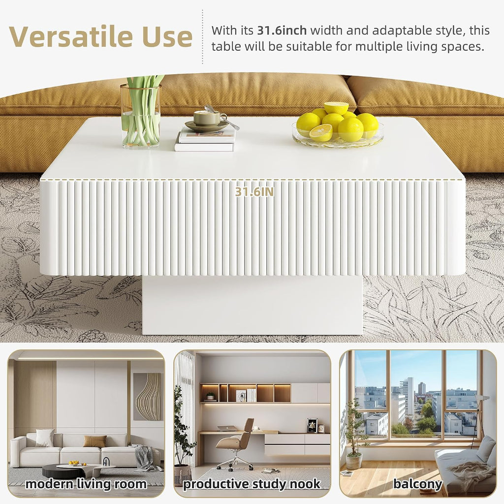 JUSTONE 31.6' Wide Square Coffee Table with 7.1' Thick Tabletop, Modern Black Fluted Drum Design, Sturdy Base Accent Table for Living Room, Easy Assembly(White