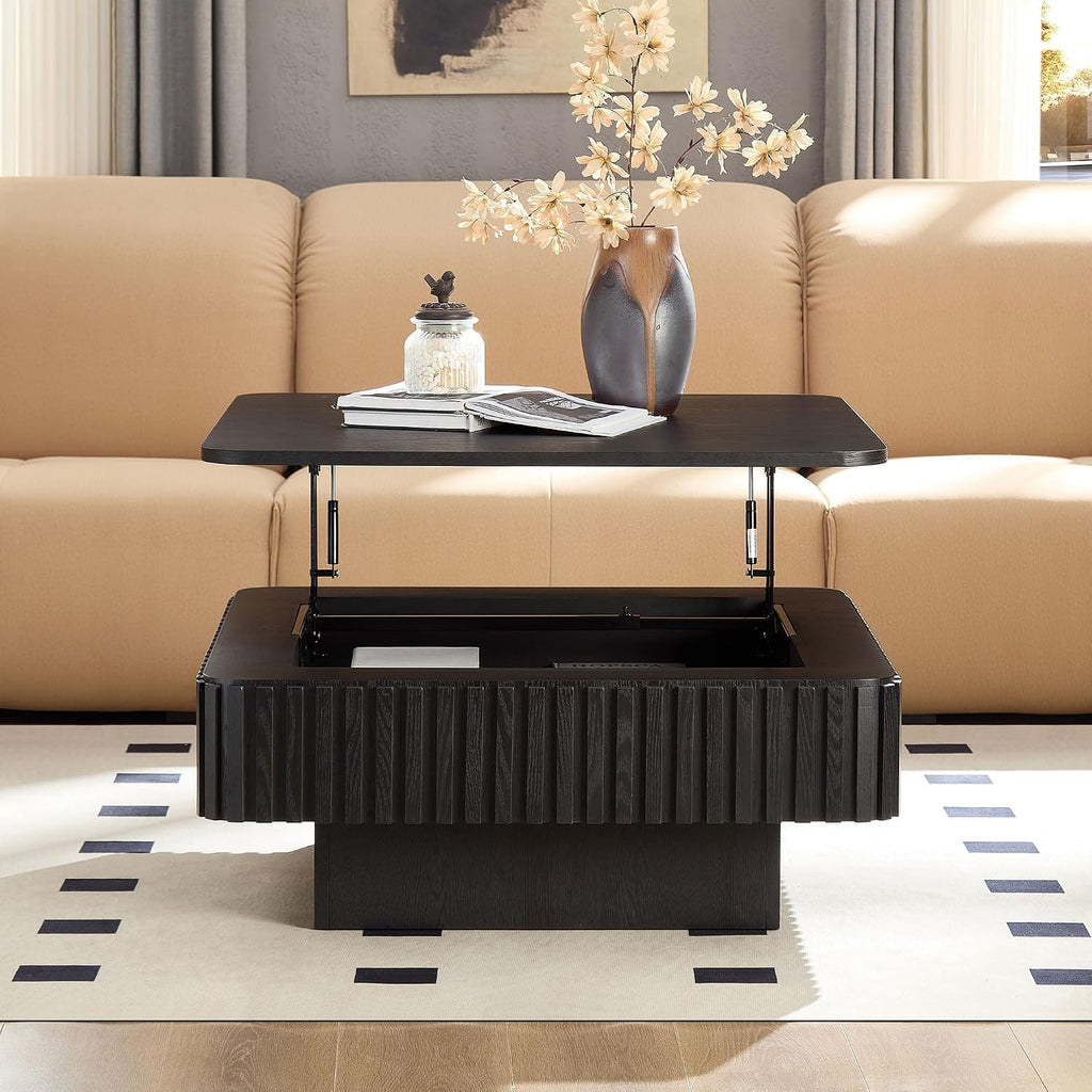 Coffee Table with Lifting Top Storage for Living Room,Fluted Lift Top Coffee Tables with Storage Solid Wood Center Table 35.43' Modern Square Lift Pull Up Tabletop for Apartment Office,Black
