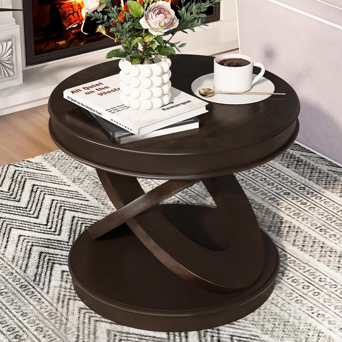 Retro Round End Table 22-Inch Wooden Bedside Sofa Side Table Accent Furniture with X-Shape Base for Living Room Bedroom, Espresso